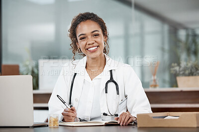 Buy stock photo Portrait, happy woman or doctor with book, laptop or journal notes in office for appointment diary. Smile, confidence and healthcare professional writing checklist for medical results at hospital