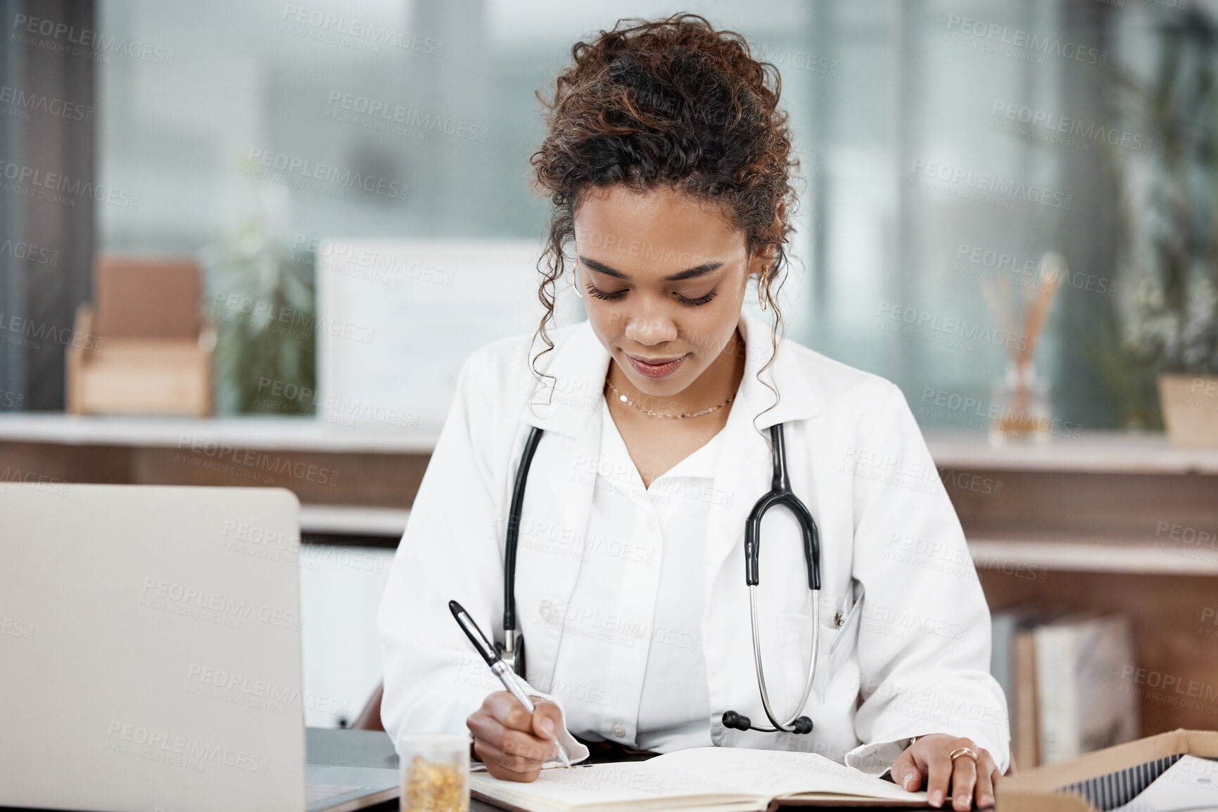 Buy stock photo Planning, woman or doctor with notes, laptop or book journal in office for appointment diary. Record, report or healthcare professional in medicine writing checklist for medical admin at hospital