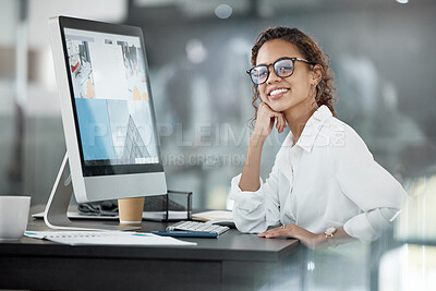 Buy stock photo Happy woman at desk, computer screen with web design, portrait and website layout at digital marketing agency. Female creative with smile, working with technology and SEO with research at startup