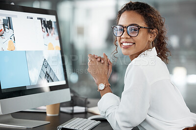 Buy stock photo Architect woman at desk, computer screen or web design for construction firm or agency. Professional female creative with smile, portrait or working desk with research for architecture website layout