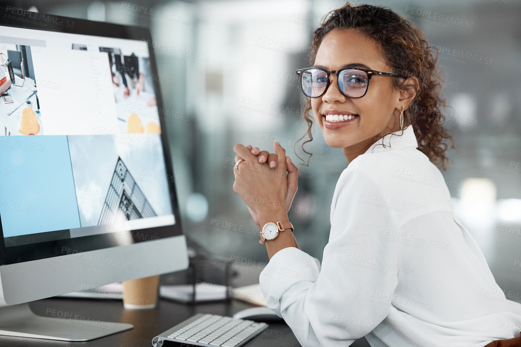 Buy stock photo Architect woman at desk, computer screen or web design for construction firm or agency. Professional female creative with smile, portrait or working desk with research for architecture website layout