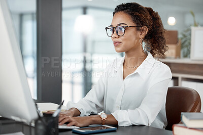 Buy stock photo Professional woman at desk, working at computer with email and writing article at digital marketing agency. Focus, web design and typing at desktop PC with female copywriter, notes and SEO content