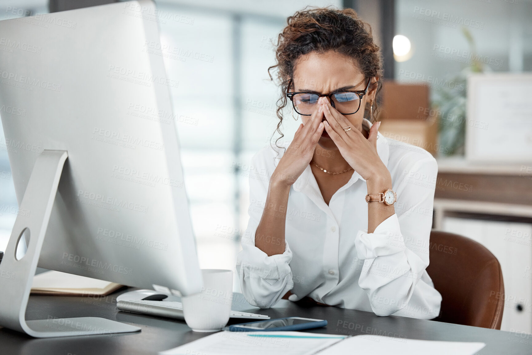 Buy stock photo Business woman with headache, stress and burnout with pain, mental health and professional crisis at office. Problem in workplace, mistake and female employee is frustrated with migraine and anxiety