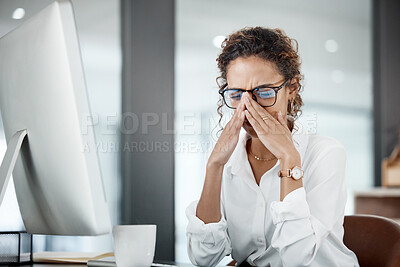 Buy stock photo Business woman with headache, stress and fatigue with pain, mental health and crisis at office. Problem in workplace, mistake and female employee is frustrated with migraine and corporate burnout