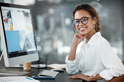 Buy stock photo Woman smile at desk, computer screen with web design, portrait and website layout at digital marketing agency. Focus, happy female creative and working with technology, SEO and research at startup