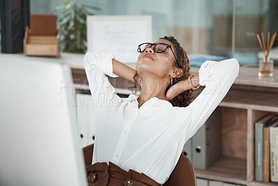 Buy stock photo Relax, business woman and computer in office stretching for peace, online target complete or job done. Finish, female person and pc in workplace for internet task, company proposal or career break