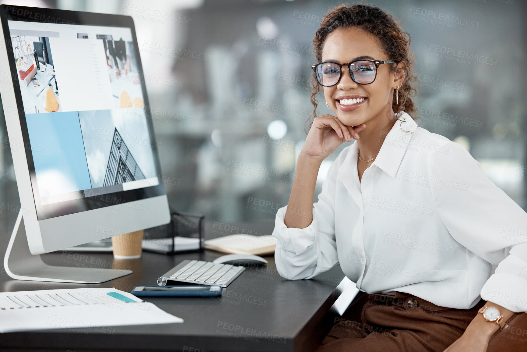 Buy stock photo Woman at desk, computer screen with web design, portrait and website layout at digital marketing agency. Female creative with smile, working with technology and SEO with research at startup company