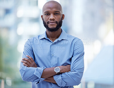 Buy stock photo Black man, business executive and portrait with company vision and arms crossed in office. Leadership, boss and African male person with corporate confidence and professional ready for ceo work