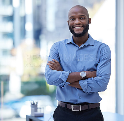 Buy stock photo Black man, smile and portrait with arms crossed in office for job in startup with closeup for work. Entrepreneur, manager and happy in company with confidence for business with pride for management