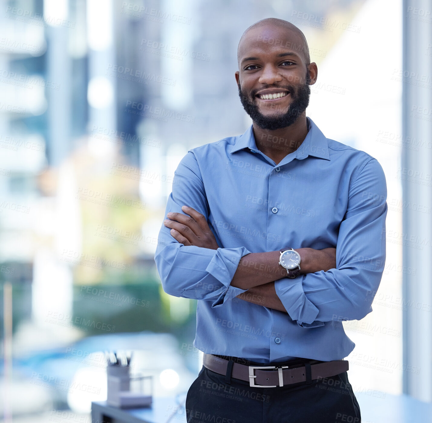 Buy stock photo Black man, smile and portrait with arms crossed in office for job in startup with closeup for work. Entrepreneur, manager and happy in company with confidence for business with pride for management