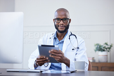 Buy stock photo Doctor, tablet and portrait of black man at desk in hospital for medical insurance, networking or online consult. Smile, professional and physician with technology, healthcare or diagnosis research