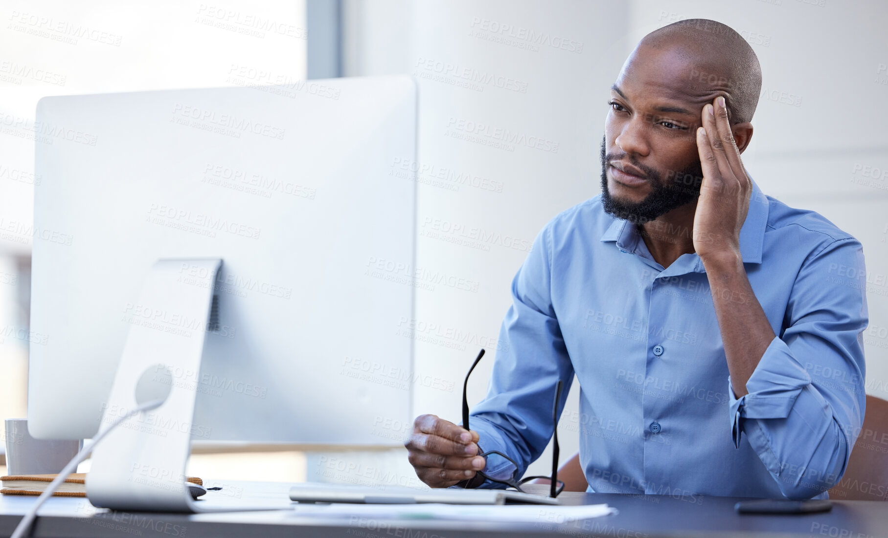 Buy stock photo Stress, business and black man with headache on computer, eye strain and burnout broker in office. Frustrated, sick and serious professional with depression, anxiety or financial crisis of bankruptcy