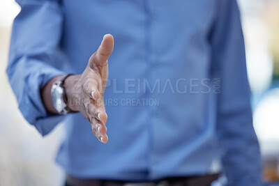 Buy stock photo Black man, manager and handshake for deal, onboarding or partnership in workplace for respect. African male person, company and greeting for gesture, meeting and welcome in office or gathering