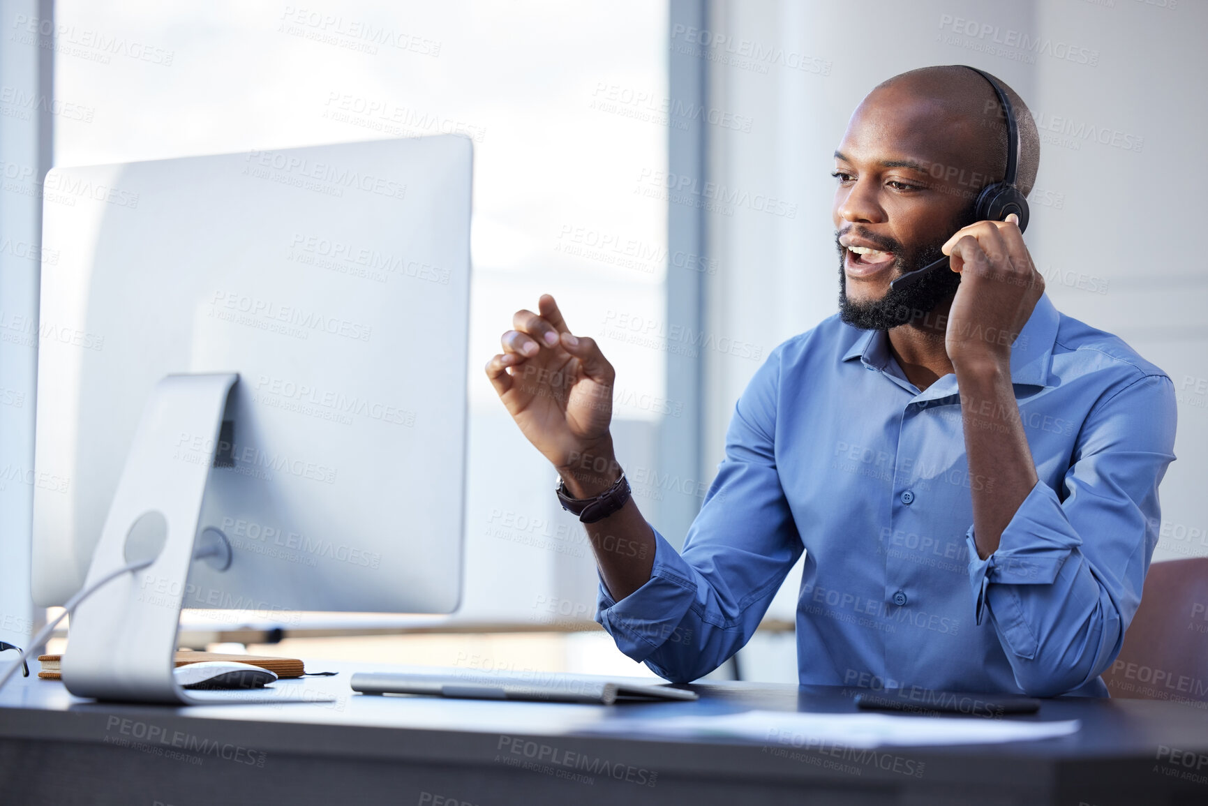 Buy stock photo Black man, call center and phone consultation with web support and customer service in office. Computer help, contact us and telemarketing job of a African male employee with communication at work