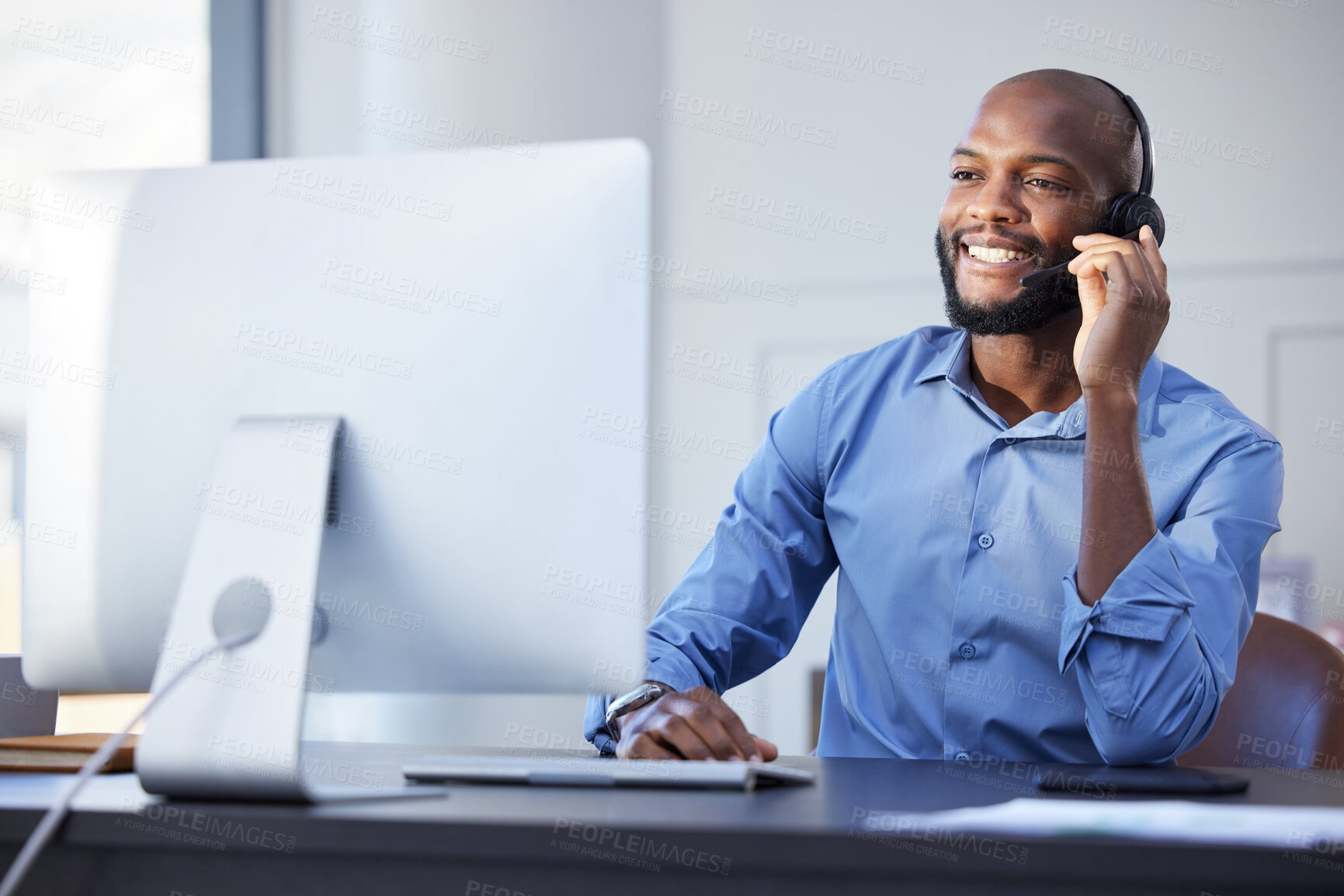 Buy stock photo Black man, call center talk and phone consultation with web support and customer service in office. Computer help, contact us and telemarketing job of a African male employee with communication 