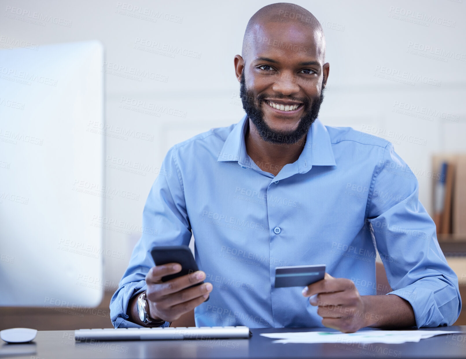 Buy stock photo Credit card, business and portrait of black man with mobile at desk for online banking, ecommerce or payment. Corporate, professional and employee with smartphone for fintech, bills or transaction