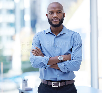 Buy stock photo Black man, business expert and portrait with company serious and arms crossed in office. Worker, boss and African male person with corporate career confidence and professional ready for ceo work