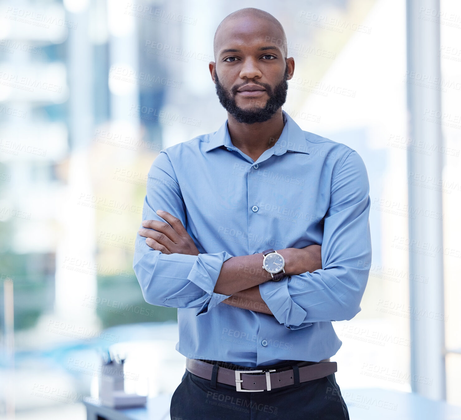 Buy stock photo Black man, business expert and portrait with company serious and arms crossed in office. Worker, boss and African male person with corporate career confidence and professional ready for ceo work