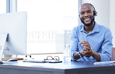 Buy stock photo Black man, call center portrait and phone consultation with web support and mockup in office. Computer help, contact us and telemarketing job of a African male employee with communication at work