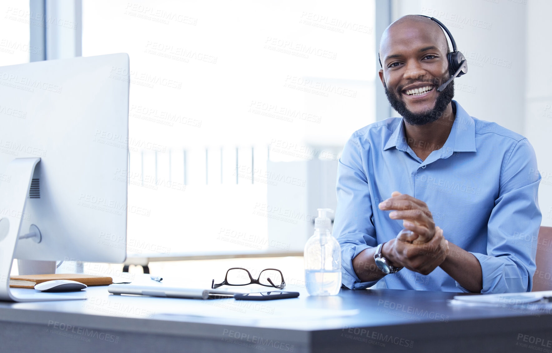 Buy stock photo Black man, call center portrait and phone consultation with web support and mockup in office. Computer help, contact us and telemarketing job of a African male employee with communication at work