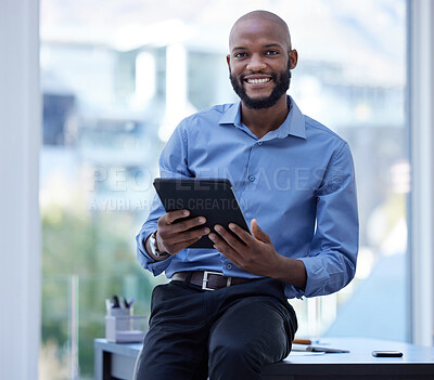 Buy stock photo Business man, tablet and portrait of a executive and ceo of company in a office. Tech, smile and happy entrepreneur with startup vision of IT developer leader job with app and technology by a desk