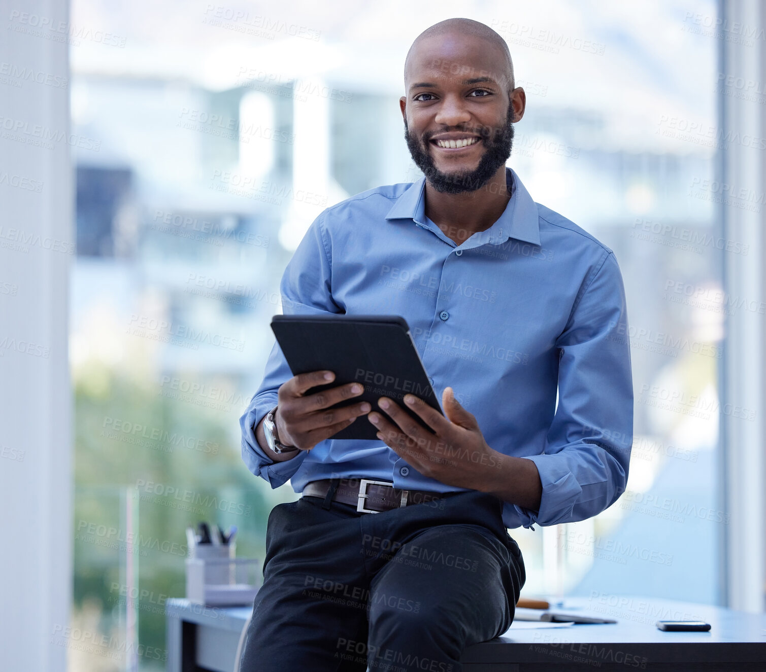 Buy stock photo Business man, tablet and portrait of a executive and ceo of company in a office. Tech, smile and happy entrepreneur with startup vision of IT developer leader job with app and technology by a desk