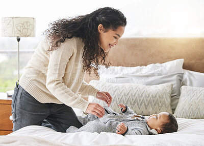 Buy stock photo Woman, baby and bonding in home for growth, child development or learning for motor skills. Toddler, father and playful in parenting, care and love with happiness, joy and cognitive ability as infant