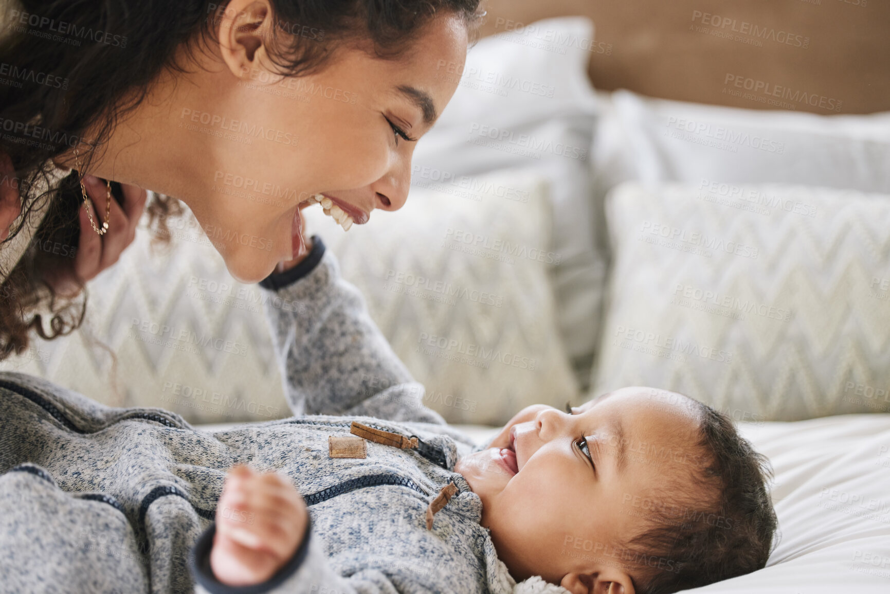Buy stock photo Mother, baby and bonding in home for growth, child development or learning for motor skills. Toddler, woman and playful in parenting, care and love with happiness, joy and cognitive ability as infant