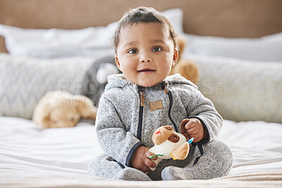 Buy stock photo Portrait, baby and play with toy in bedroom for fine motor skills, creative learning and sensory development at house. Happy child, boy and fun with nursery, cognitive education and mobility growth