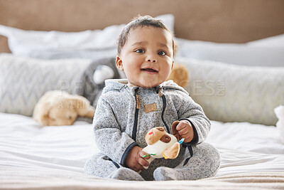 Buy stock photo Portrait, infant and play with toy in bedroom for fine motor skills, creative learning and sensory development at house. Baby, boy and fun with nursery fun, cognitive education and mobility growth