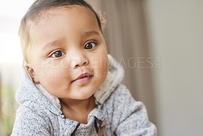 Buy stock photo Portrait, baby and cute child in home for childhood development, growth or relax in Brazil. Face, adorable and innocent infant kid or healthy young little boy playing in nursery in apartment closeup