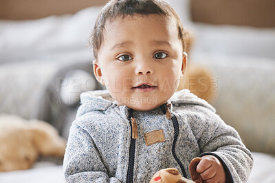 Buy stock photo Portrait, baby and child with toy in home for childhood development, growth or relax in Brazil. Face, stuffed animal and innocent infant kid, cute or healthy young boy playing in nursery in bedroom