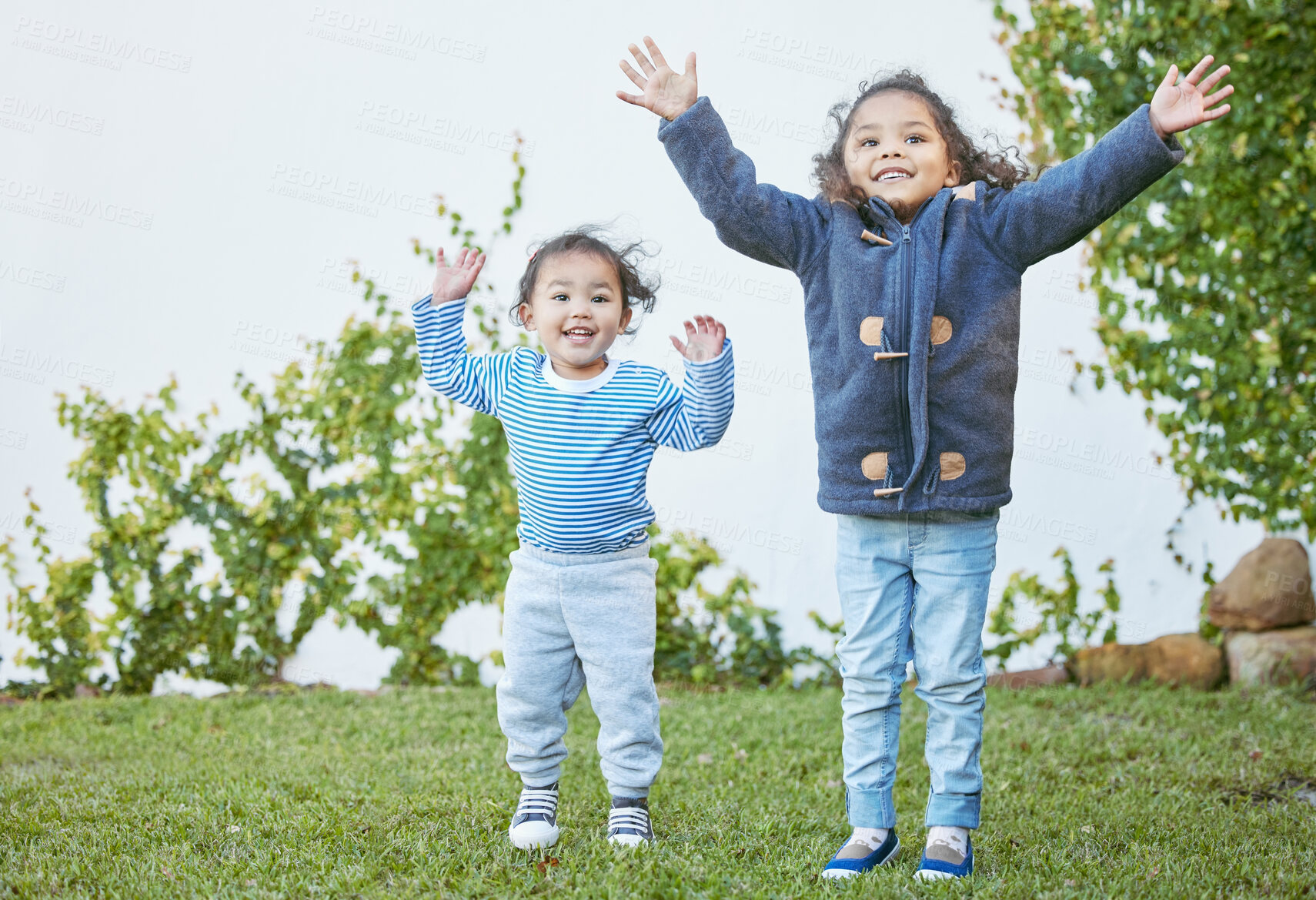 Buy stock photo Backyard, happy and kids freedom while playing, cheerful and imagination with girls for creativity. Outdoor, children and sisters with energy for air games, excited and carefree with entertainment