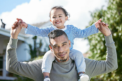 Buy stock photo Outdoor, portrait and dad with kid for piggyback, connection and bonding together on weekend. Backyard, father and happy child on vacation for support, playful and security with care for parent