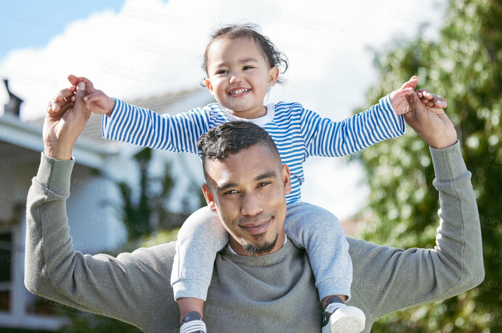 Buy stock photo Outdoor, portrait and dad with kid for piggyback, connection and bonding together on weekend. Backyard, father and happy child on vacation for support, playful and security with care for parent