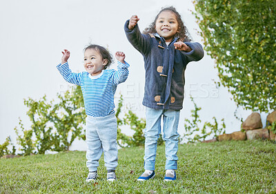 Buy stock photo Backyard, happy and kids with dancing for playing, cheerful and imagination with siblings for creativity. Outdoor, children and growth with energy for hands games, excited and fun with entertainment