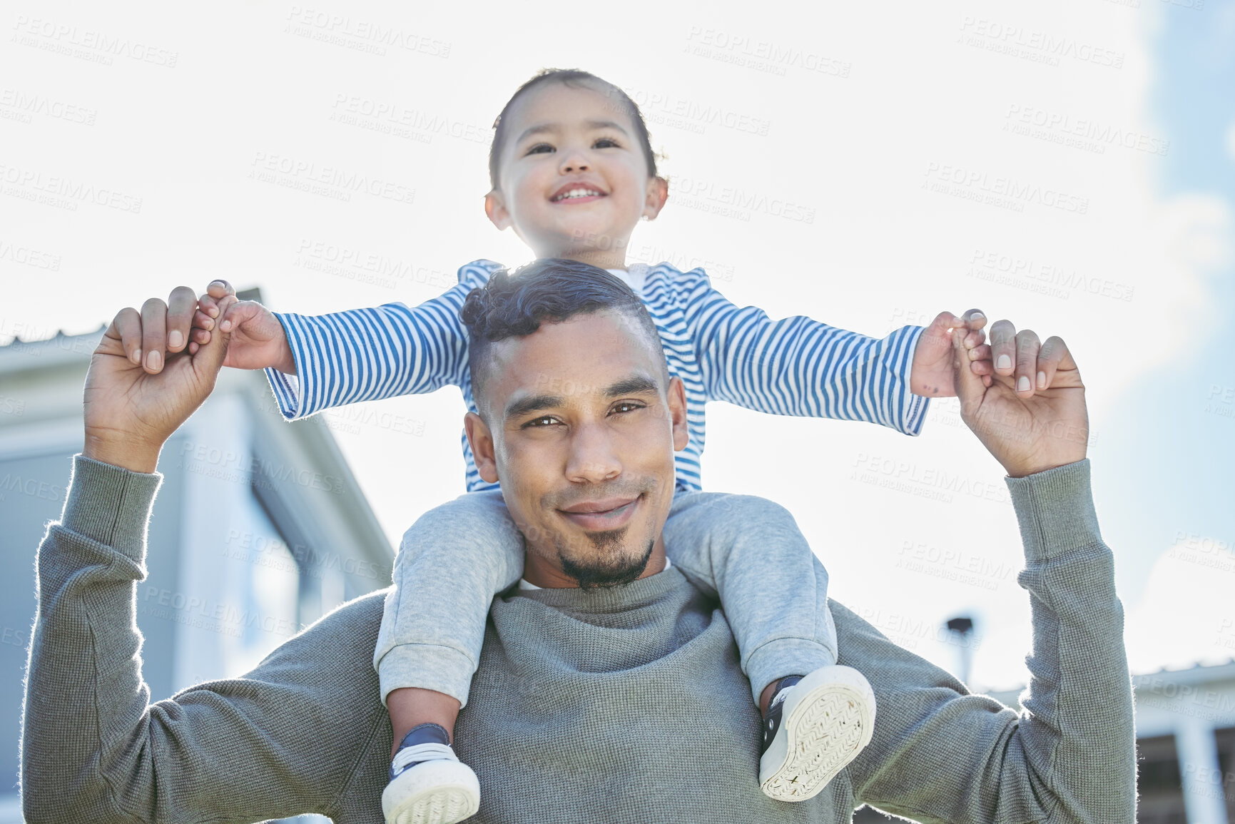 Buy stock photo Portrait, dad, and child for carry on shoulder, connection and bonding together on weekend outdoor. Blue sky, father and happy kid on vacation for support, playful and security with care for parent