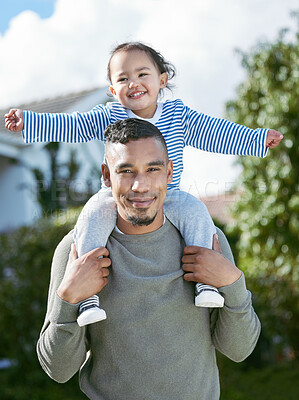 Buy stock photo Happy dad, portrait and shoulder with baby for bonding, love or support on outdoor walk or holiday in neighborhood. Father carrying kid or child flying with smile for weekend quality time in nature