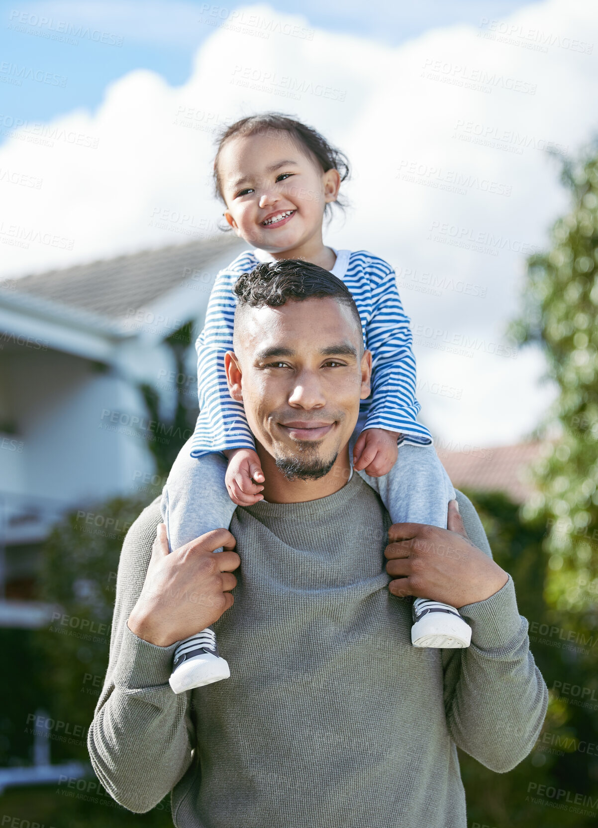Buy stock photo Happy father, portrait and shoulder with baby for bonding, love or support on outdoor walk or holiday in neighborhood. Dad carrying child or flying with smile for family weekend together in nature
