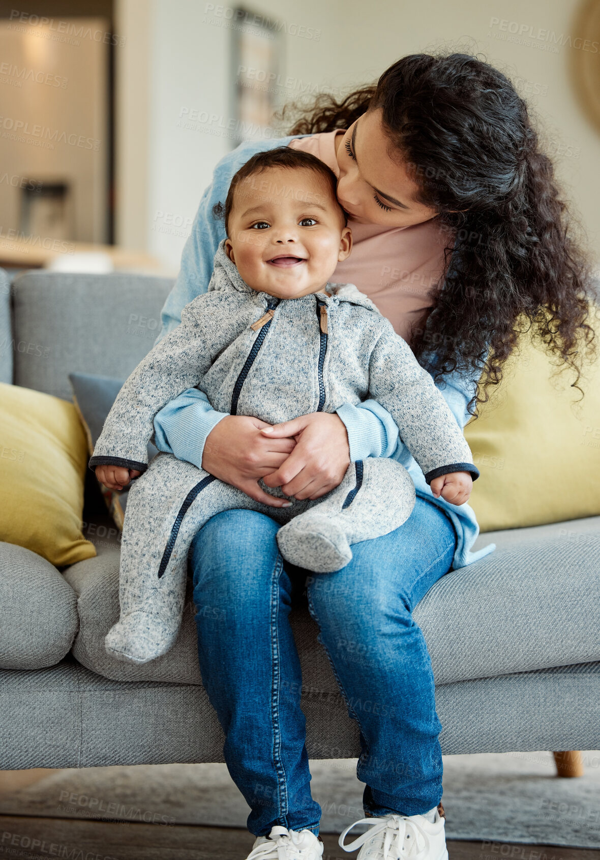 Buy stock photo Kiss, portrait and mother with baby in living room home, bonding or having fun in house. Mom, newborn and kissing face of happy child on sofa for care, love and affection for family time together.