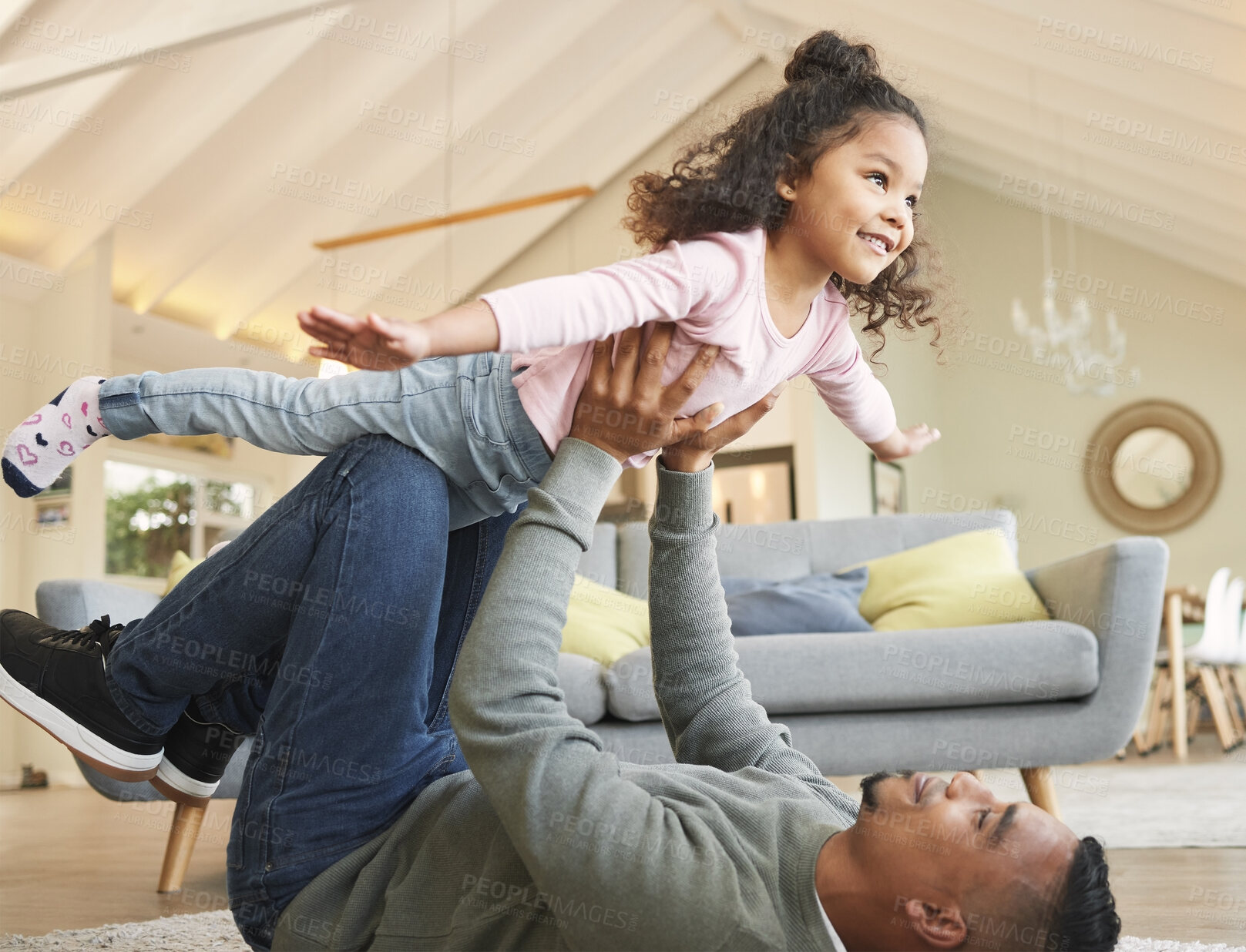 Buy stock photo Dad, girl and kid for flying in home, support balance and airplane fantasy games on floor of lounge. Father, daughter and lifting child for playing in living room, bonding and trust parent for fun