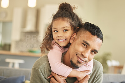 Buy stock photo Portrait of a young father and daughter bonding on the sofa at home