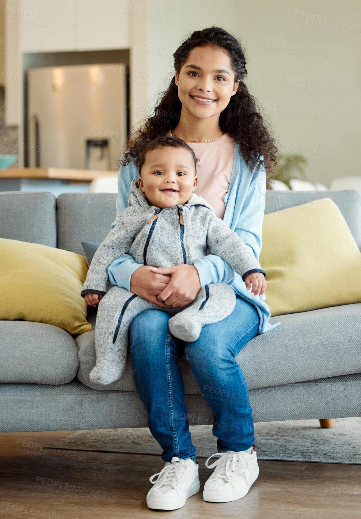 Buy stock photo Smile, portrait and mother with baby in living room home, bonding or having fun in house. Mom, newborn and face of happy child on sofa to relax, care or enjoying family time together with happiness.