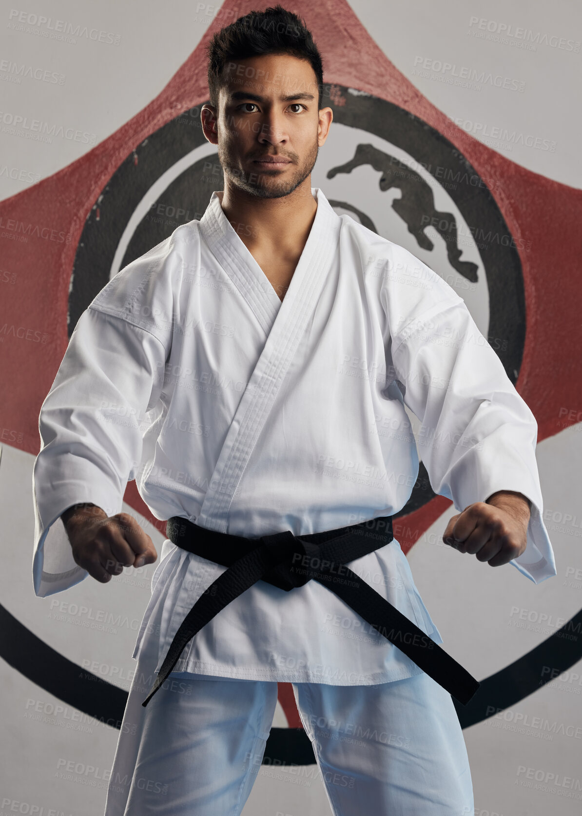 Buy stock photo Cropped portrait of a handsome young martial artist practicing karate in his dojo