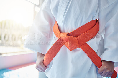 Buy stock photo Shot of an unrecognisable little girl practicing karate in a studio