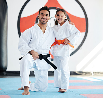 Buy stock photo Child, teacher or portrait in karate dojo for training, fighting exercise or martial arts education. Learning, practice or proud judo master with girl kid in studio for taekwondo lesson or workout