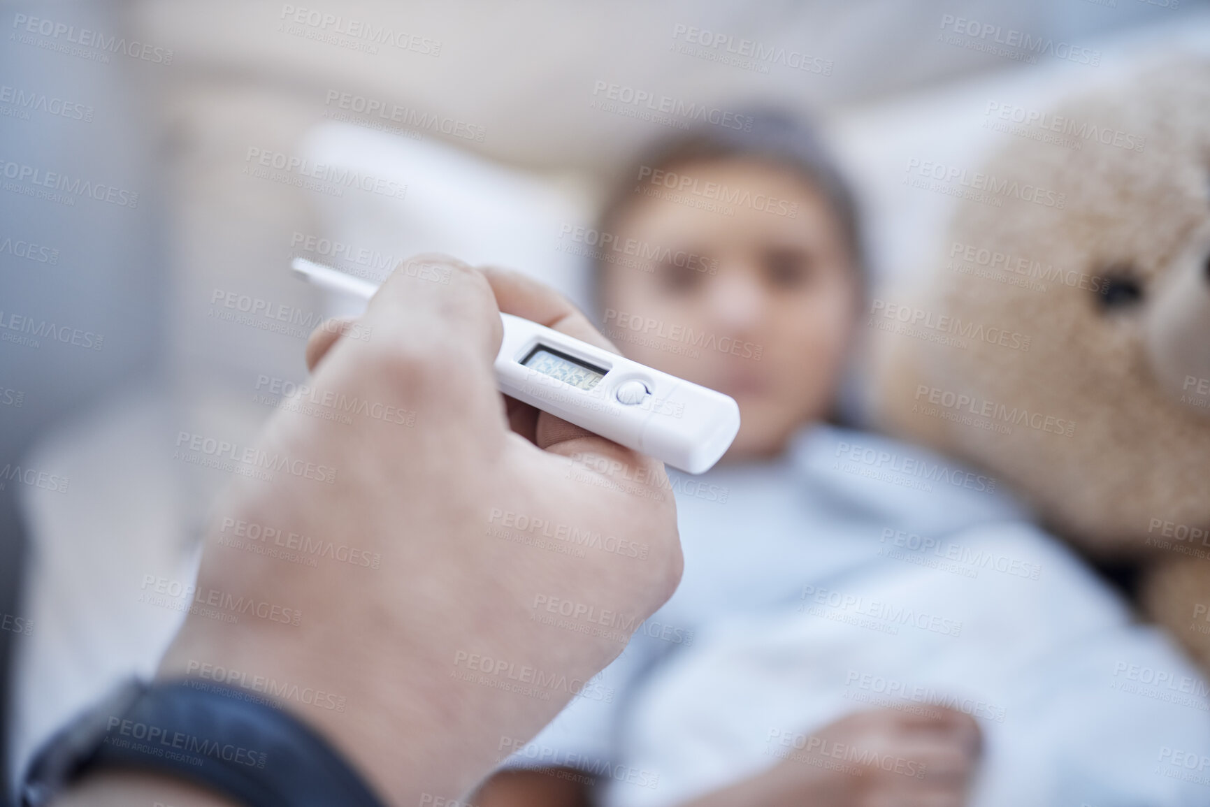 Buy stock photo Child, person and hand with thermometer in bedroom for fever, temperature and bacteria infection. Home, son and parent with check on medical device for flu virus, healthcare and monitor of symptoms