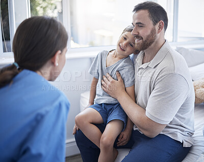 Buy stock photo Shot of a female doctor doing a checkup on a sick little boy at home