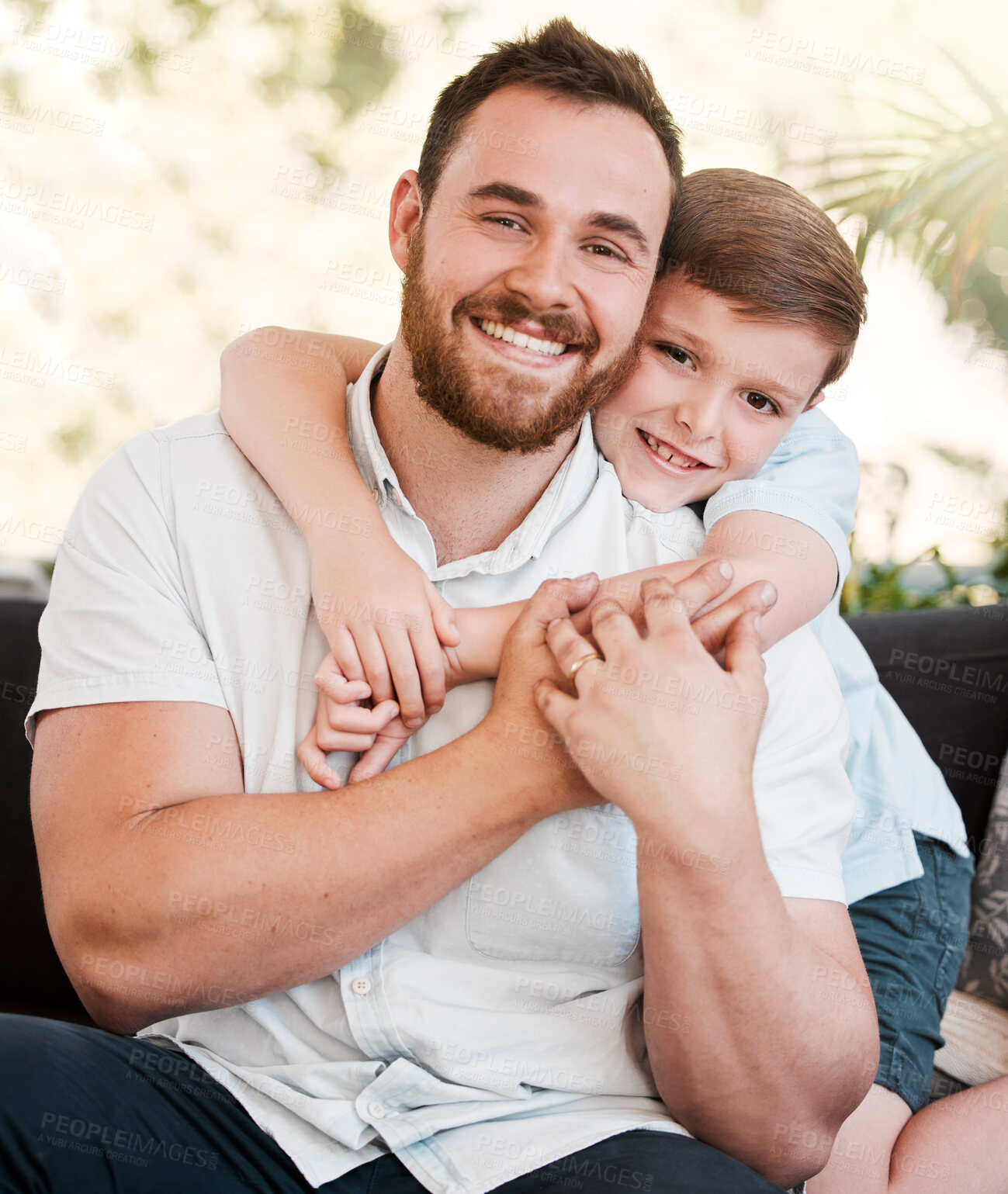 Buy stock photo Portrait, happy man and kid in garden with hug for support, care and love for father or boy. Together, smile and dad or family in morning or backyard for childhood, development and growth or bonding