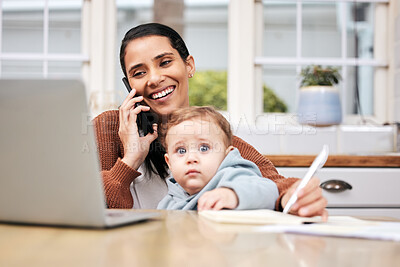 Buy stock photo Call, baby and work from home mom with phone, child care and virtual assistant job or family support in multitask. Laptop, cellphone and busy online mother or happy person and kid in freelance career
